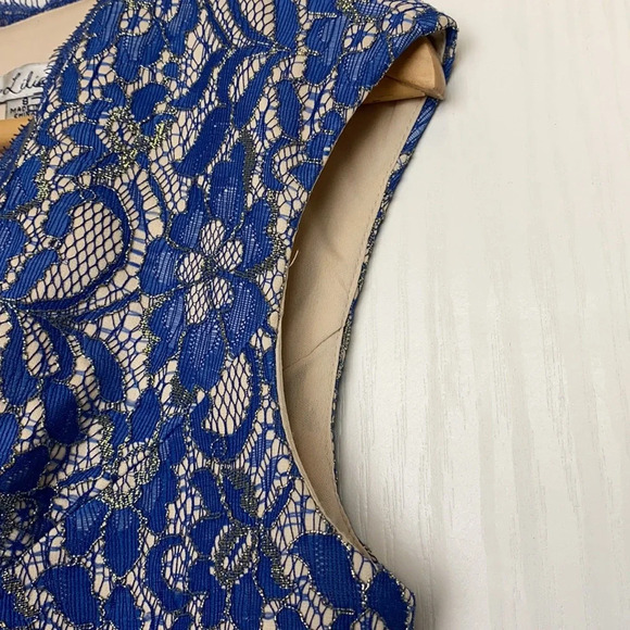 Simply Liliana Metallic Blue & Cream Lace Sheath Dress - Picture 4 of 9